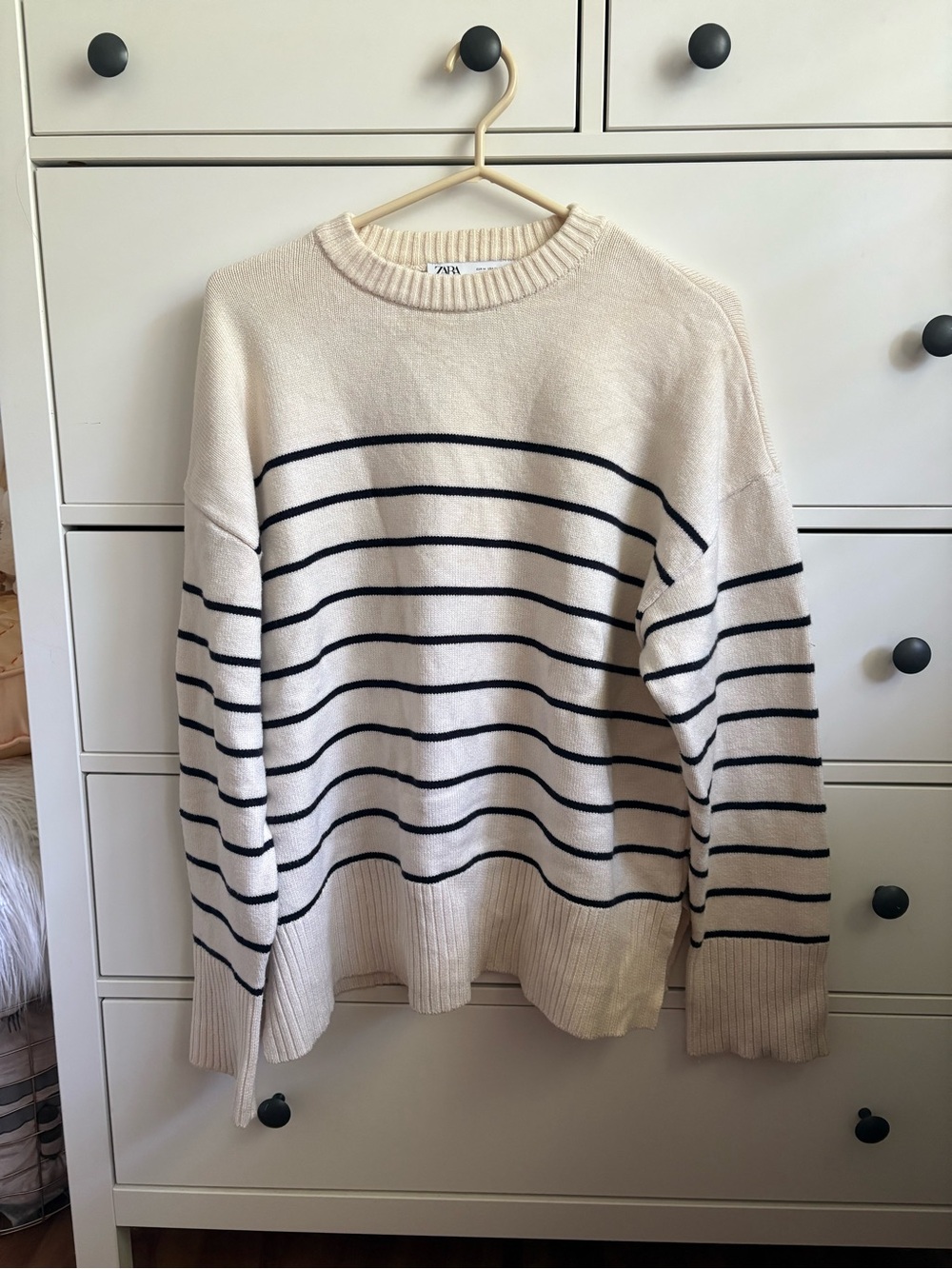 ZARA Cream Knit Sweater with Navy Stripes